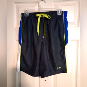 Gray and Blue Ocean Pacific Swim Shorts with Neon Accents Men's Small